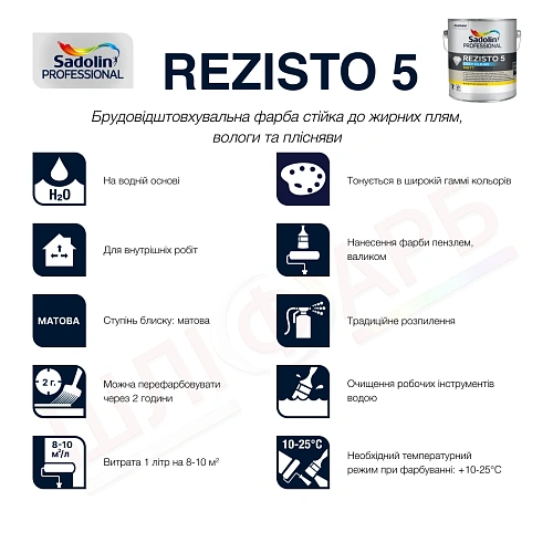 Акрилова фарба Sadolin Professional Rezisto 5 Easy Clean для стін, брудовідштовхувальна, безбарвна, BC, 9.3 л 2 Акрилова фарба Sadolin Professional Rezisto 5 Easy Clean для стін, брудовідштовхувальна, безбарвна, BC, 9.3 л 2