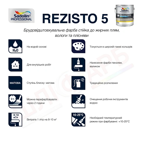 Маркування Акрилова фарба Sadolin Professional Rezisto 5 Easy Clean для стін, брудовідштовхувальна, безбарвна, BC, 2.33 л