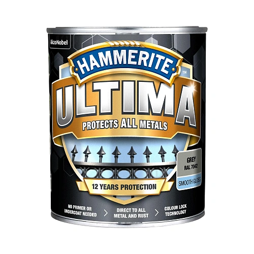 Гладка фарба 3 в 1 по металу на водній основі Hammerite Ultima Smooth захисна, глянцева, сіра RAL 7042, 0.7 л (5774717) 2