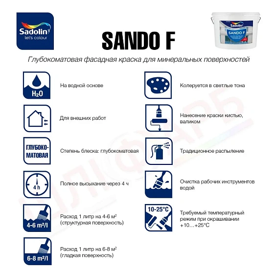 Маркировка Фасадная краска на водной основе Sadolin Sando F для бетона, бесцветная, BC, 0.93 л