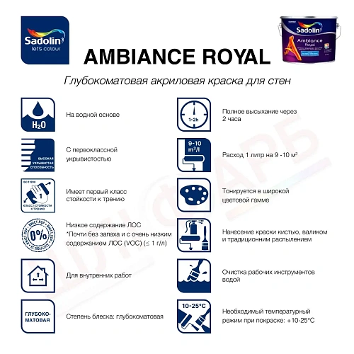 Акриловая краска Sadolin Ambiance Royal для стен и потолка, белая, BW, 2.5 л 2