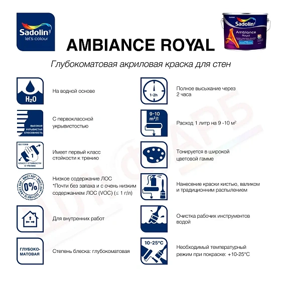 Маркировка Акриловая краска Sadolin Ambiance Royal для стен и потолка, бесцветная, BC, 2.33 л