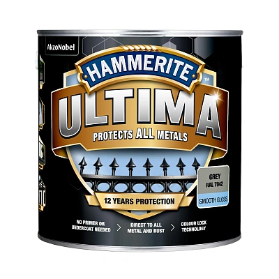 Гладка фарба 3 в 1 по металу на водній основі Hammerite Ultima Smooth захисна, глянцева, сіра RAL 7042, 2.2 л (5774728) 2